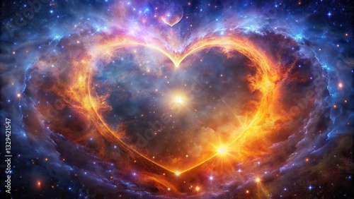 A fiery heart surrounded by stars and galaxies in a deep space background , fiery, universe,  fiery, universe, intensity