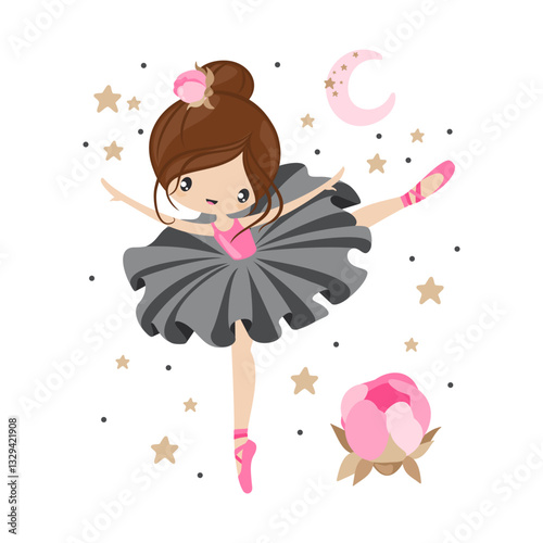 Beautiful ballerina in a dress with a flower and a moon. Print for printing on clothes and postcards.