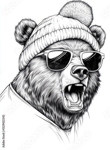 Wallpaper Mural Roaring Bear in Beanie and Sunglasses Monochrome Illustration Torontodigital.ca