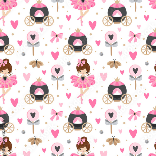 Seamless pattern with hand drawn ballerinas and romantic elements.