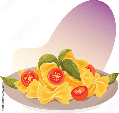 Italian pasta with tomatoes. Italian cuisine, healthy eating, cooking, restaurant menu, food, recipe concept. Card design. Vector illustration in A4 format.