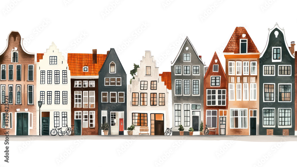 Naklejka premium PNG Brown dutch village building border buildings architecture illustration.