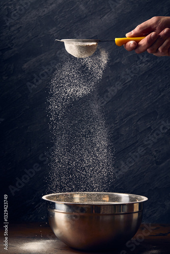 Wallpaper Mural Sifting flour through a sieve. Flour in hands. On a dark background. Torontodigital.ca