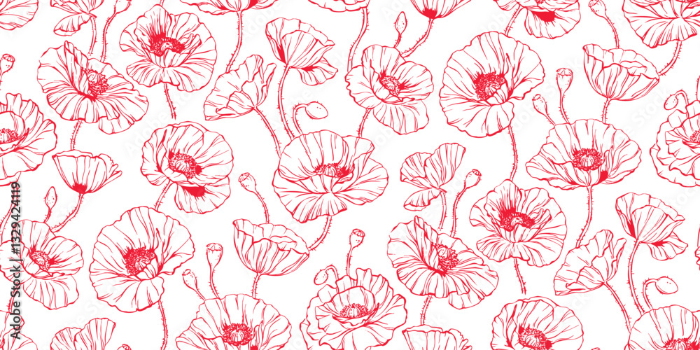 Elegant floral seamless pattern poppies - line illustration. Delicate print of flowers, petals, buds, nature. Doodle two-color silhouette repeat background. Simple vector graphics. Elegant floral seamless pattern poppies - line illustration. Delicate print of flowers, petals, buds, nature. Doodle two-color silhouette repeat background. Simple vector graphics.