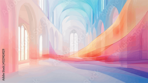The image is a digital illustration depicting an abstract interior space reminiscent of a cathedral.  The architectural elements such as arches and tall columns are rendered in soft, pastel colors