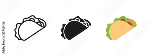 Taco icon. Mexican food wrap with cheese, tomato and fresh vegetables vector illustration. Delicious snack and fast food symbol. Spicy tortilla meal concept for casual dining or lunch.