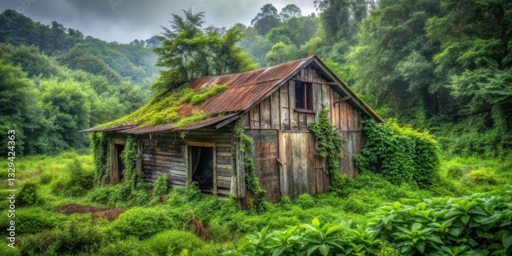 A weathered, decrepit shack stands isolated amidst dense foliage, shrouded in an aura of foreboding and neglect A weathered, decrepit shack stands isolated amidst dense foliage, shrouded in an aura of foreboding and neglect