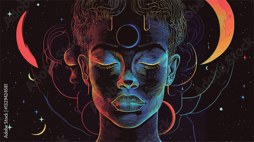 Digital illustration of a woman's face, rendered in a stylized, abstract manner.  The artwork features a dark background punctuated by vibrant colors depicting celestial bodies such as stars,