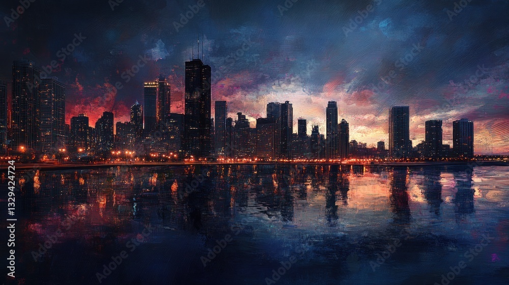 Fototapeta premium Cityscape sunset reflection, urban waterfront, dramatic sky
