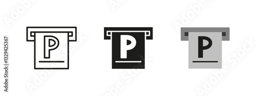 Parking icon. Letter "P" on a hanging sign vector illustration. Roadside symbol indicating car space availability, vehicle storage and public parking area guidance.