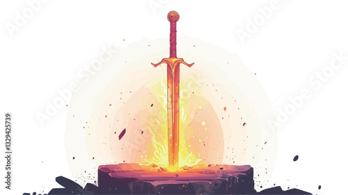 Digital illustration of a sword engulfed in flames, standing upright on a dark anvil surrounded by embers and sparks.  The sword has a reddish-orange hue, with the flames emanating from the blade