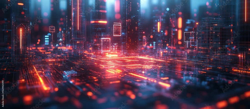 Fototapeta premium Futuristic cityscape with glowing red and blue digital structures.
