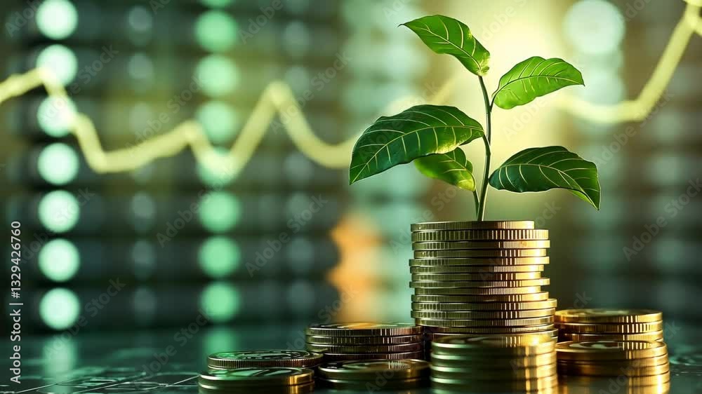 A small green plant growing atop a stack of coins with currency or stock market chart on background, Growth and financial investment concept	