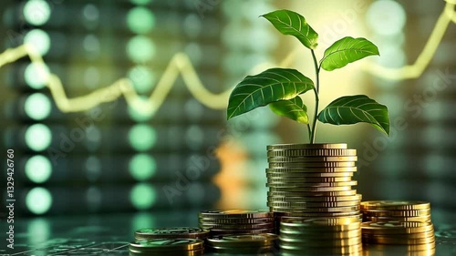 A small green plant growing atop a stack of coins with currency or stock market chart on background, Growth and financial investment concept	