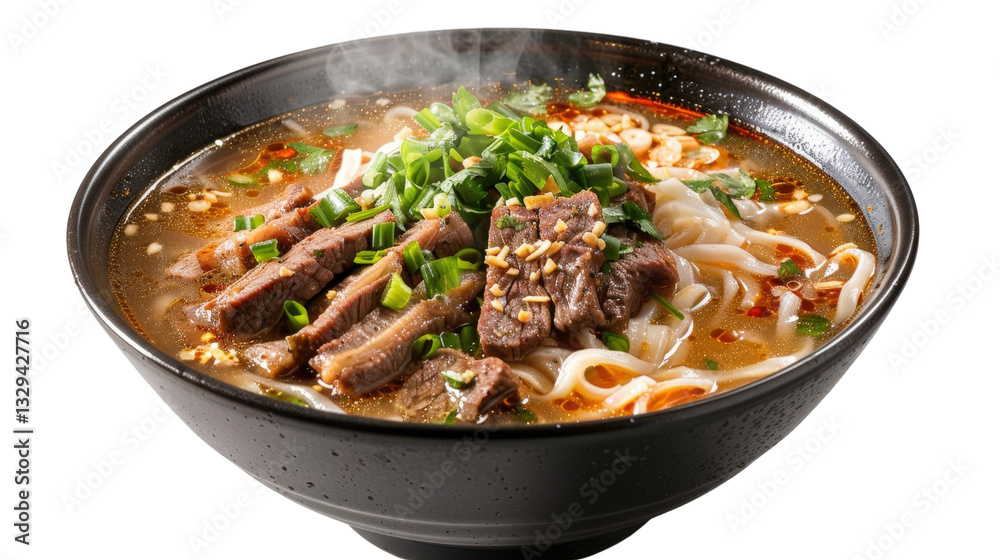 Delicious bowl of steaming Vietnamese beef noodle soup garnished with fresh herbs, spices, and sliced green onions Delicious bowl of steaming Vietnamese beef noodle soup garnished with fresh herbs, spices, and sliced green onions