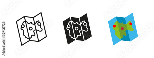 Map icon. Folded travel map with location markers vector illustration. Represents navigation, geography and exploration for tourism, trip planning and adventure routes.