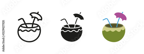 Coconut drink icon. Exotic tropical beverage vector illustration. A refreshing summer cocktail served in a coconut shell with a straw and umbrella. Vacation, relaxation and beachside enjoyment sign.