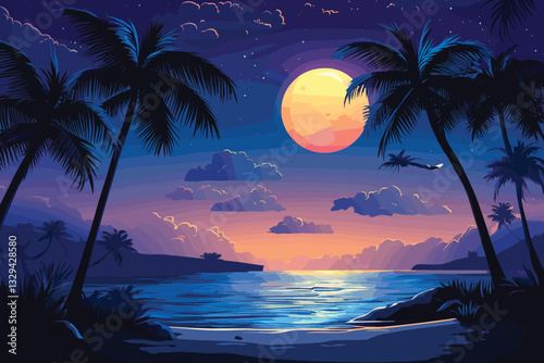 Coconut trees silhouette at night with moon and clouds over the sea, Flat style vector illustration. Beach at night