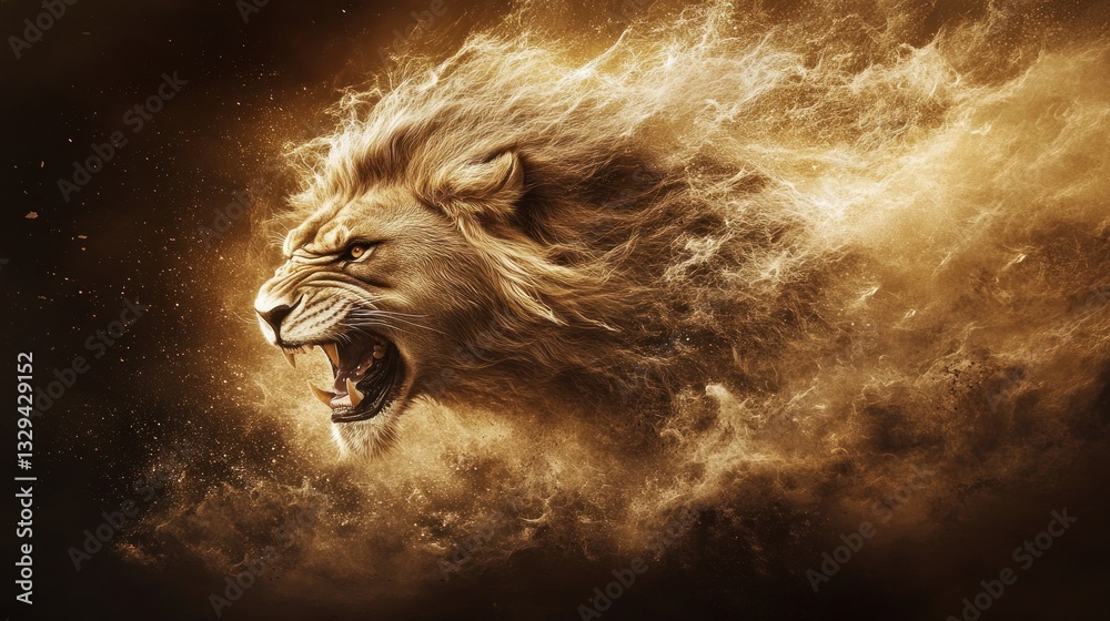 Naklejka premium Majestic Roaring Lion in Golden Dust