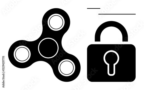 Fidget spinner alongside padlock suggests balance between leisure, focus, and protection. Ideal for creativity, safety, innovation, mindfulness, privacy play productivity. Flat simple metaphor