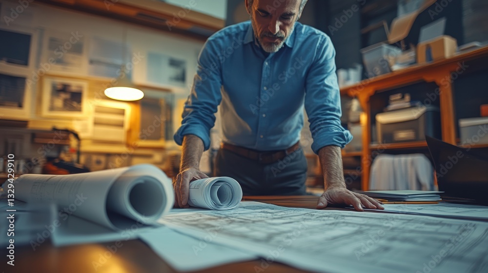 Architect is office with blueprints and rolled up papers Architect is office with blueprints and rolled up papers