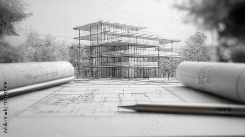 Architectural sketching and rolled blueprints for building project