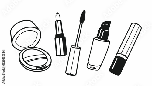 "Thin line icons depicting popular makeup products like eyeliner, lip gloss, nail polish, and makeup sponges in a modern style"