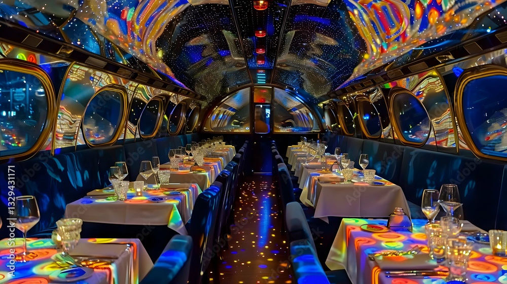 Fototapeta premium Elaborate Dining Space with Colorful Lighting and Velvet Booths