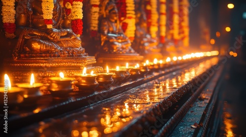 Hindu temple ceremony with lit lamps