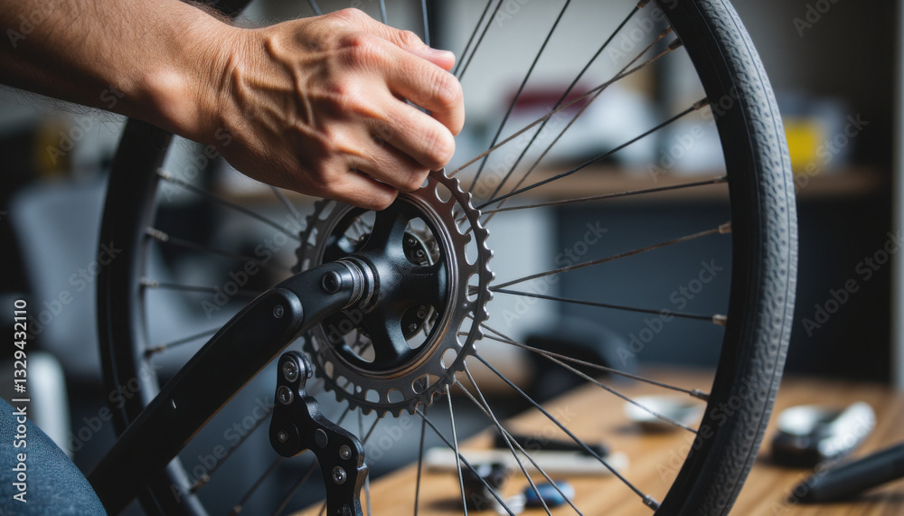 Fototapeta premium Close-up of hands adjusting bicycle spoke with spoke wrench
