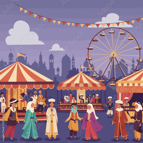 People Enjoying Festival at Outdoor Fair with Ferris Wheel Backdrop