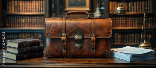 Vintage leather briefcase on wooden desk amongst books in a library. photo
