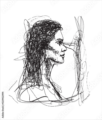 Sketch of female portrait. Vector illustration of face. Woman drawn with ink. Line art. Piercing gaze. Woman crying. Depressed. Shooting eyes. Line drawing. Scribbles art. Hand drawn. Curved lines