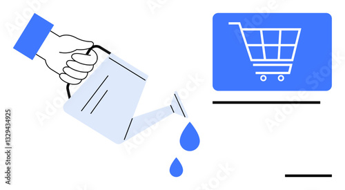 Hand holding watering can pouring water toward e-commerce shopping cart. Ideal for growth, marketing, business, strategy, investment, innovation, success, flat simple metaphor