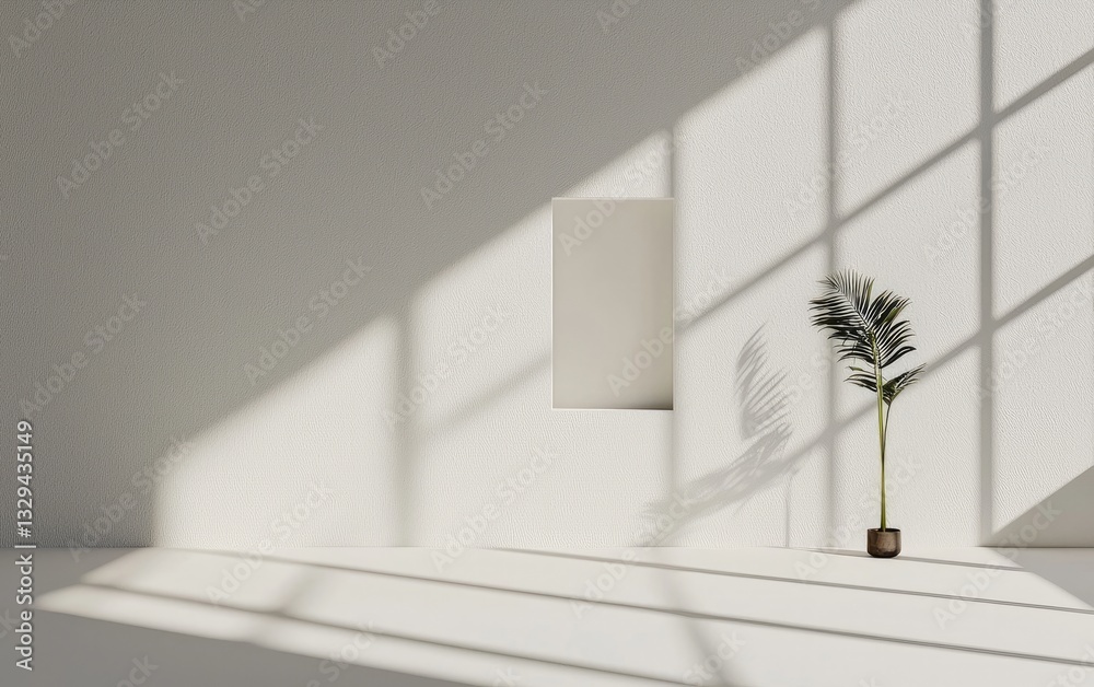 Obraz premium A minimalist white room with a potted plant, a niche, and sunlight streaming through a window, creating shadows