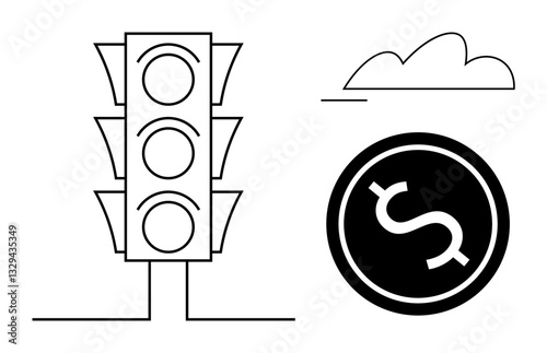 Traffic signal, dollar coin, and cloud balancing themes of decision-making, financial planning, and goals. Ideal for business, economics, planning savings opportunities strategy growth. Flat
