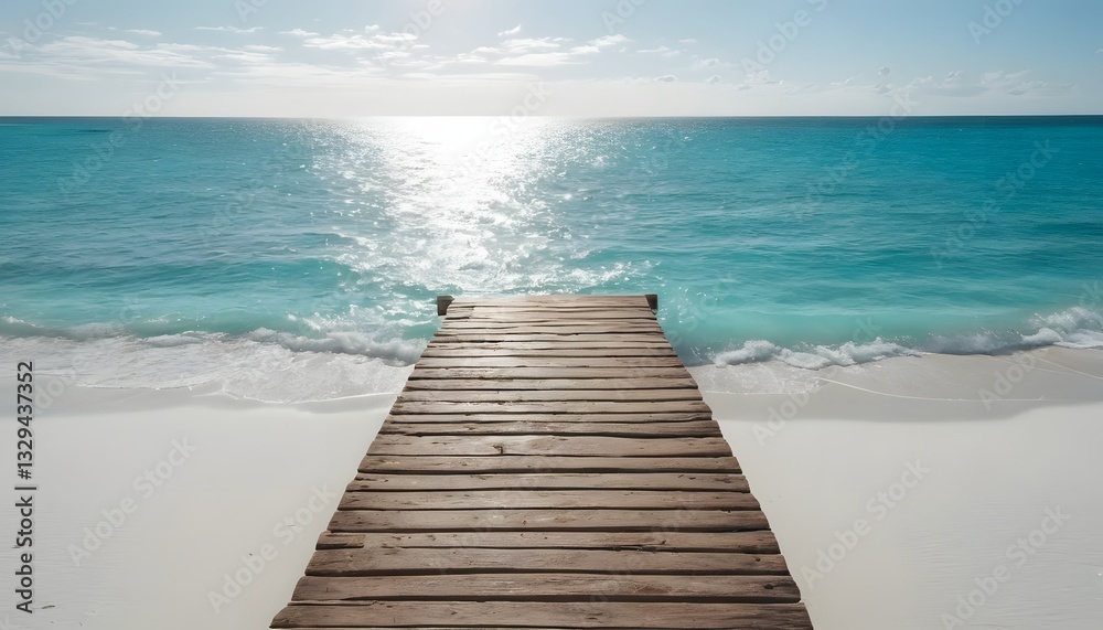 A wooden pier stretches out over a tranquil turquoise ocean under a clear blue sky A wooden pier stretches out over a tranquil turquoise ocean under a clear blue sky