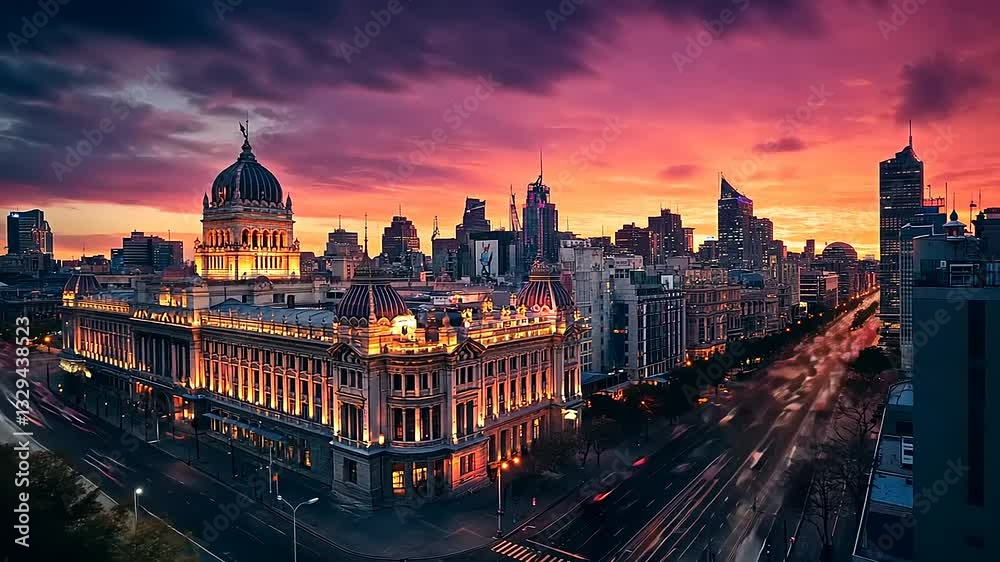 Stunning sunset over a vibrant city skyline with illuminated buildings and busy streets below Stunning sunset over a vibrant city skyline with illuminated buildings and busy streets below