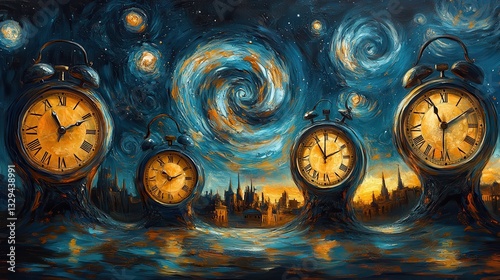 Surreal clocks melting into cityscape at night, starry sky background, art print