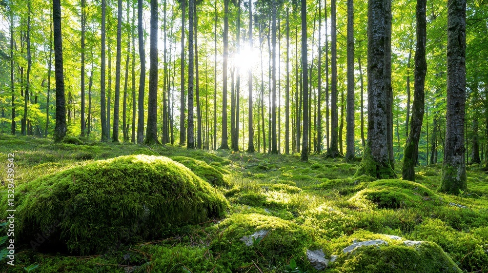 Fototapeta premium Sunlight filters through a lush and vibrant forest canopy