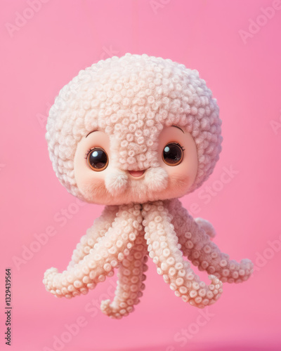 cute fluffy doll baby octopus floating like a tiny parachute. Adorable! Soft pastel colors with joyful expression.
