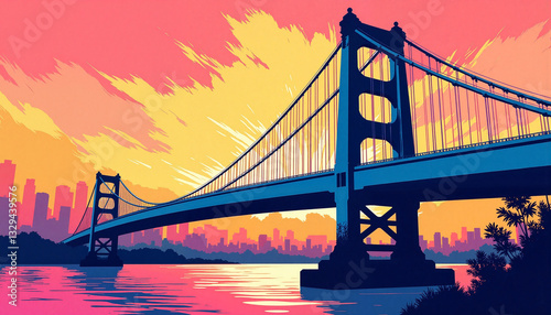 Vibrant sunset bridge illustration over urban skyline, city life artistry