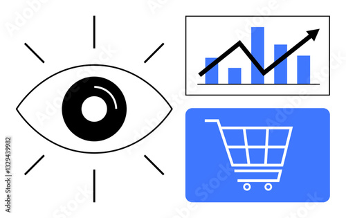 Large eye symbol representing focus, next to bar chart with upward arrow and shopping cart image signifying data analytics, business growth, and e-commerce. Ideal for vision, insight, strategy