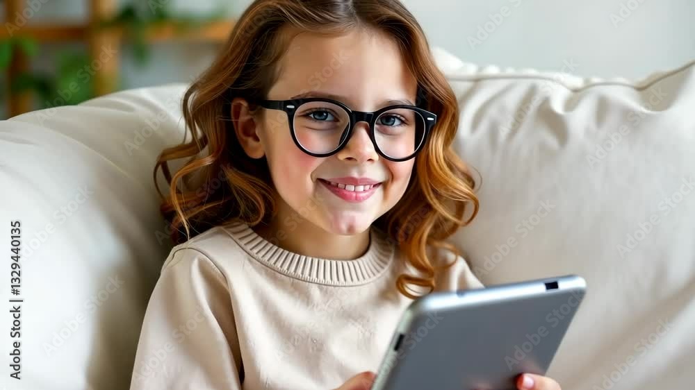 Adorable young girl with glasses smiling while using a tablet sitting on a cozy white couch in a bright modern home concept of digital childhood education technology and online learning Adorable young girl with glasses smiling while using a tablet sitting on a cozy white couch in a bright modern home concept of digital childhood education technology and online learning
