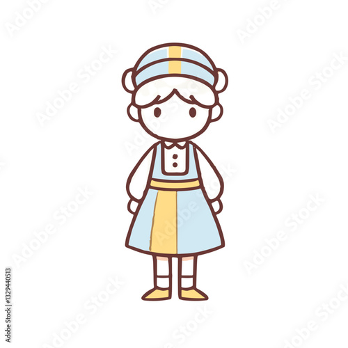 Cartoon girl in a traditional dress with a cheerful expression and pastel colors on a white background