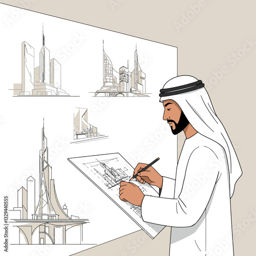 Architect Drawing Building Designs with Pencil on Paper in Studio