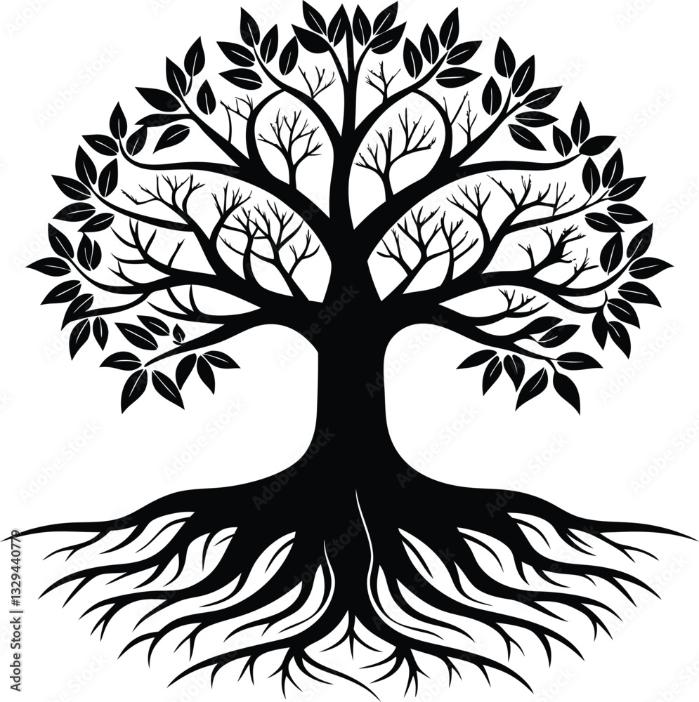 Obraz premium Tree and Root silhouette, Tree Icon Vector
