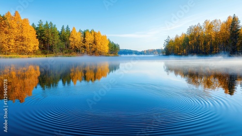 Autumn trees reflecting in a peaceful lake with morning mist
