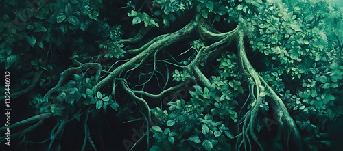 Dense Jungle with Tree Roots and Lush Greenery