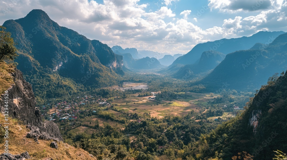 Naklejka premium Breathtaking Mountain Vista: A Scenic View from Nong Khiaw Village, Laos - A Journey through Asia's Majestic Heights
